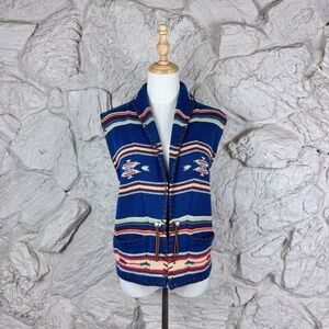 Ralph Ralph Lauren c. 1990s Leather Trim Sweater Vest Chimayo Print Navy | L